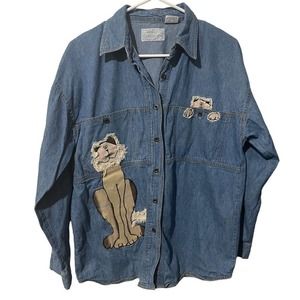 MICHAEL Cherbrook Denim Button Down w/Embroidered Cats
